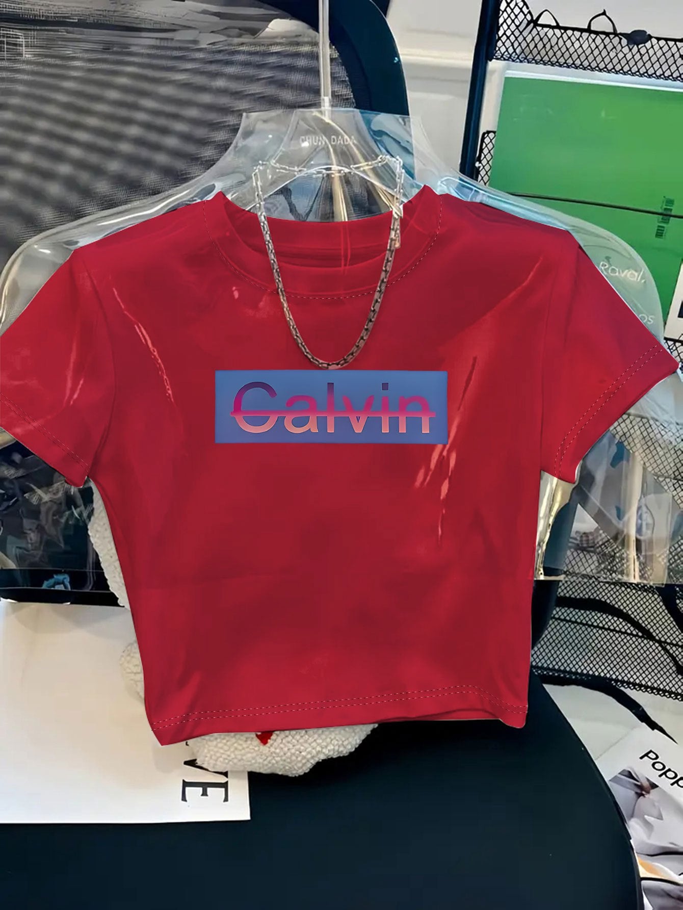 Women's Y2K Style Cropped T-Shirt with Bold CALVIN Monogram Print - Vibrant Red & Blue Lettering, Soft Comfortable Fabric, Machine Washable, Versatile Casual & Dressy Outfits